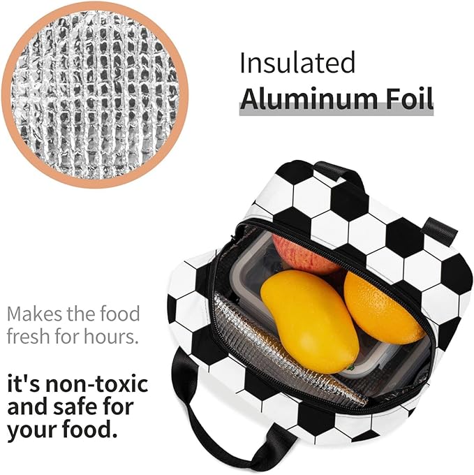 VOOHDDY Football Soccer Ball Black White Insulated Lunch Bag For Men Women Reusable Lunch Box Container Waterproof Portable Cooler Thermal Tote Bag For Work Office Picnic Beach Travel