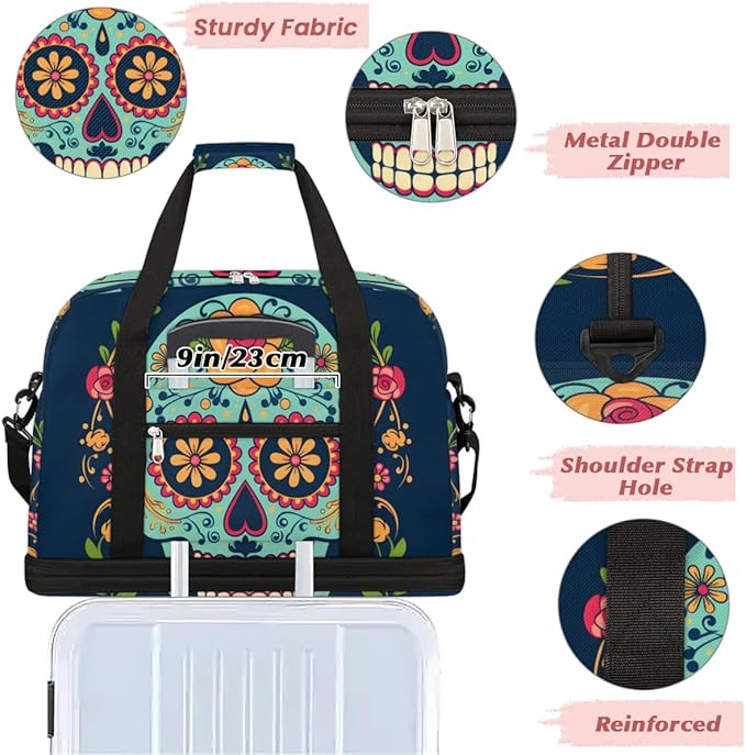 cfpolar Woman Travel Duffel Bag Mexican Skull Foldable Tote Carry On Luggage Sports Gym Bag With Shoe Compartment Overnight Weekend Yoga Workout Bag Training Handbag