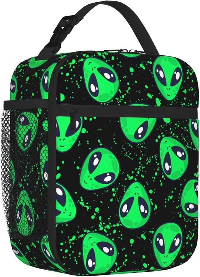 Green Alien Fun Insulated Lunch Bag Reusable Cooler Lunch Box Portable Leakproof Thermal Container Tote Bags for Girls Boys School Travel