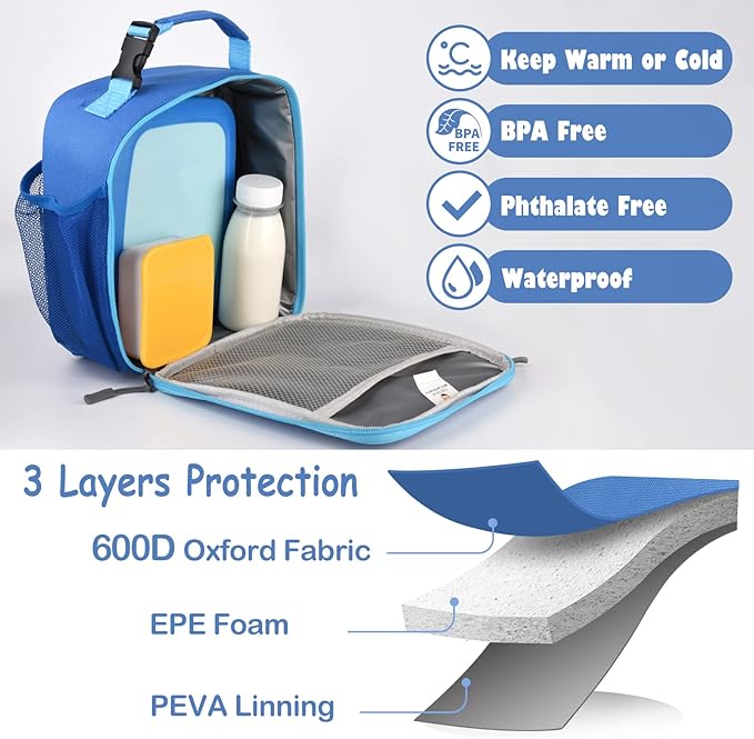 Lunch Box Kids,2 Packs Insulated Lunch Bag for Girls Boys,Soft Bag Mini Cooler Back to School Thermal Reusable Lunch Bag for Work School Picnic (Blue & Black)