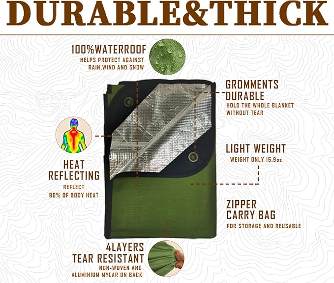 Heavy Duty Survival Blanket -Multifunctional Reflective Tarp Thermal Blanket - 60" x 83" Waterproof Sandproof for Camping Hiking Outdoors Multifunctional Emergency Blanket…