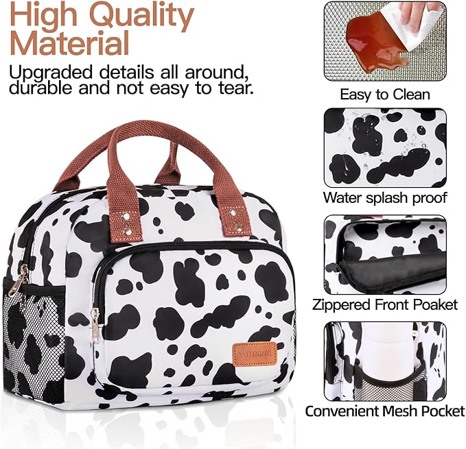 Lunch Bag Women,Insulated Lunch Box Lunch Bag for Women Men Work Adult Cute Small Lunch Tote Bag, Large Capacity Reusable Cooler Containers for Travel Picnic Office or Beach(Cow)