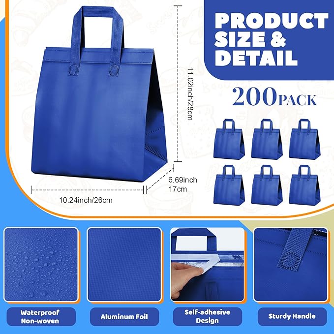 Hushee 200 Pcs Insulated Take out Bags Bulk Thermal Insulation Take Away Bags Disposable Cooler Bags 10.24x11.02x6.69 Inch for Grocery Lunch Hot Cold Frozen Food Delivery Shipping(Blue)