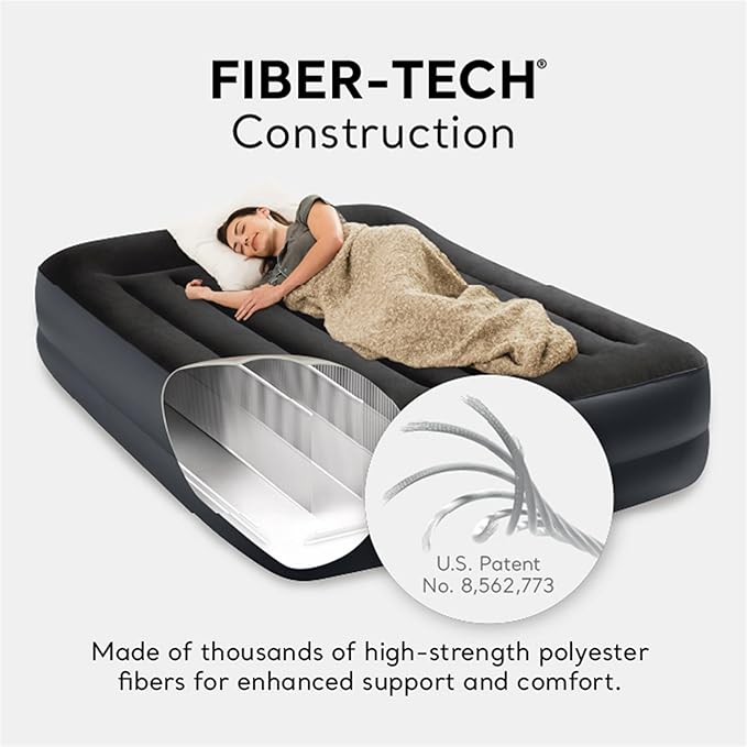 Intex 64123ED Dura-Beam Plus Pillow Rest Fiber-Tech – Queen Size – Built-in Electric Pump – 16.5in Bed Height – 600lb Weight Capacity
