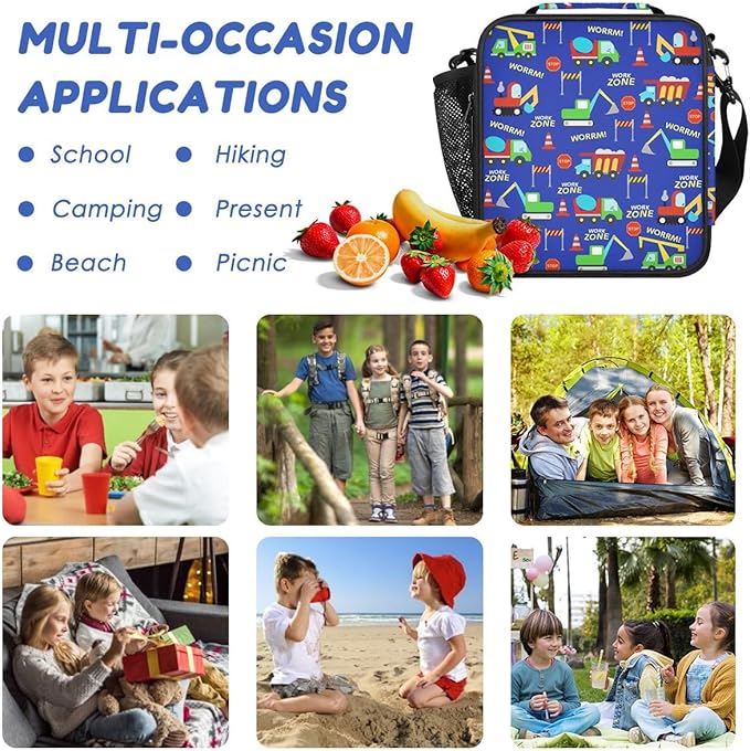 Insulated Lunch Bag for Boys - Reusable Lunch Box Water-Resistant Thermal Cooler Meal Tote Bag with Water Bottle Holder for School Picnic Travel (Construction Trucks)