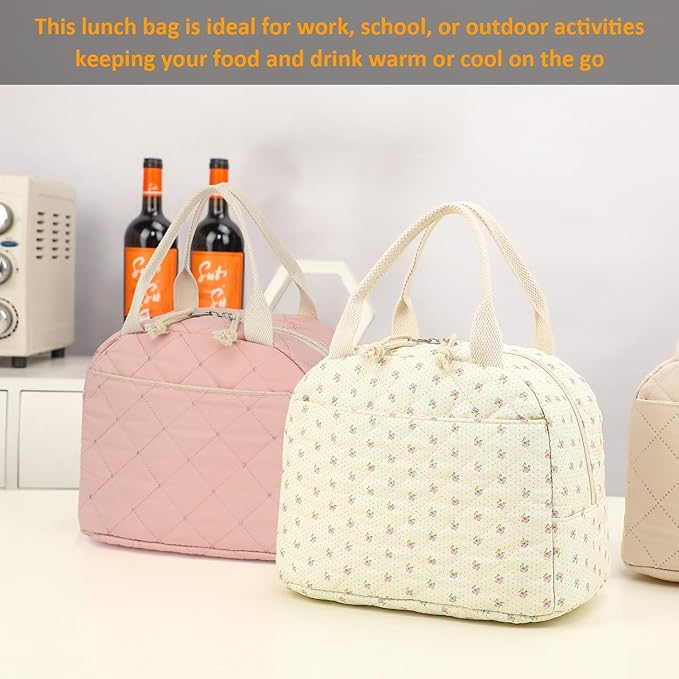Pink Quilted Lunch Tote Bag, Insulated Thermal Cooler, Portable and Reusable Large Capacity for Office, School, or Picnic, 8.5L