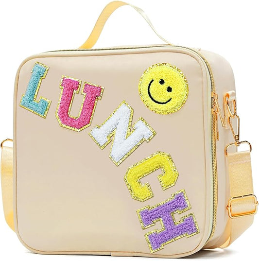 Insulated Lunch Bag Women Lunch Box Kids for Teen Girls Boys, Cute Preppy Lunch Boxes With Adjustable Shoulder Strap, Waterproof Nylon Lunchbox Lunch Bags for School Work Picnic (Beige)
