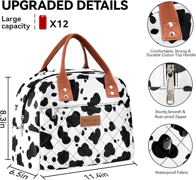 HOMESPON Insulated Lunch Bag for Women Men Adults Lunch Tote with Front Pocket Lunch Box Container Cooler Bag for Work Picnic (Cow Print)