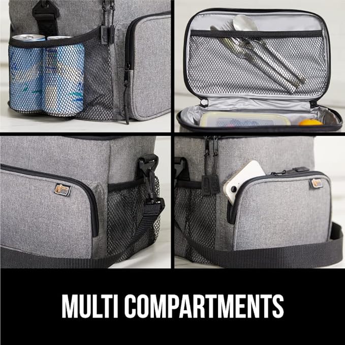 GORILLA GRIP Reusable Insulated Lunch Box Bag for Women Men,15L, Leakproof XL Soft Cooler Bags, Multiple Compartments, Mesh Pockets and Adjustable Strap, Food Tote Keeps Drinks Cold, 13x9, Light Gray