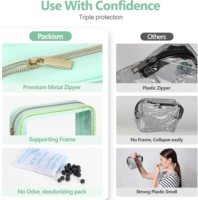 PACKISM TSA Approved Toiletry Bag - Light Green Turtle Leaves Print Clear Shell Bag and Upgrade Color-Edged Clear Toiletry Bags, Perfect for On the Go or Travel, Lightweight and Robust, 2 Pack