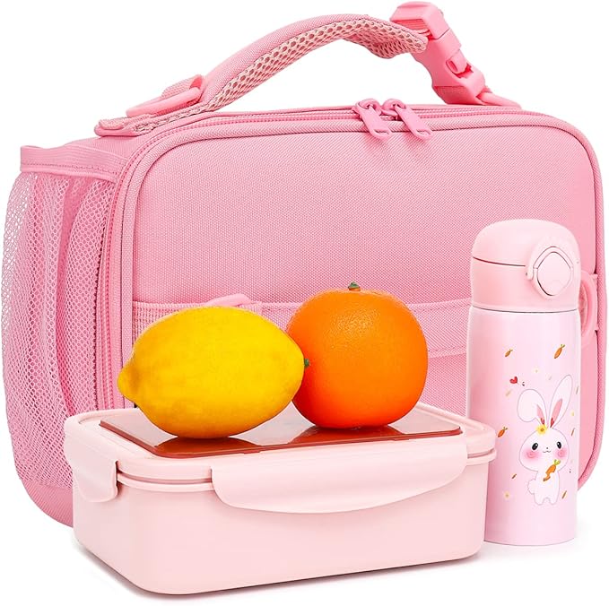 FlowFly Kids Lunch Bag, Durable Insulated School Lunch Box with Shoulder Strap and Bottle Holder, Water-resistant Thermal Small Lunch Cooler Tote for Teen Boys & Girls,Pink