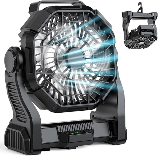Camping Fan Rechargeable, Real 10000mAh Battery Powered Portable Fan with LED Light and Hook, Battery Operated Fan 10-Inch, USB Outdoor Portable Fans for Travel, Fishing, Picnic, Beach, Black