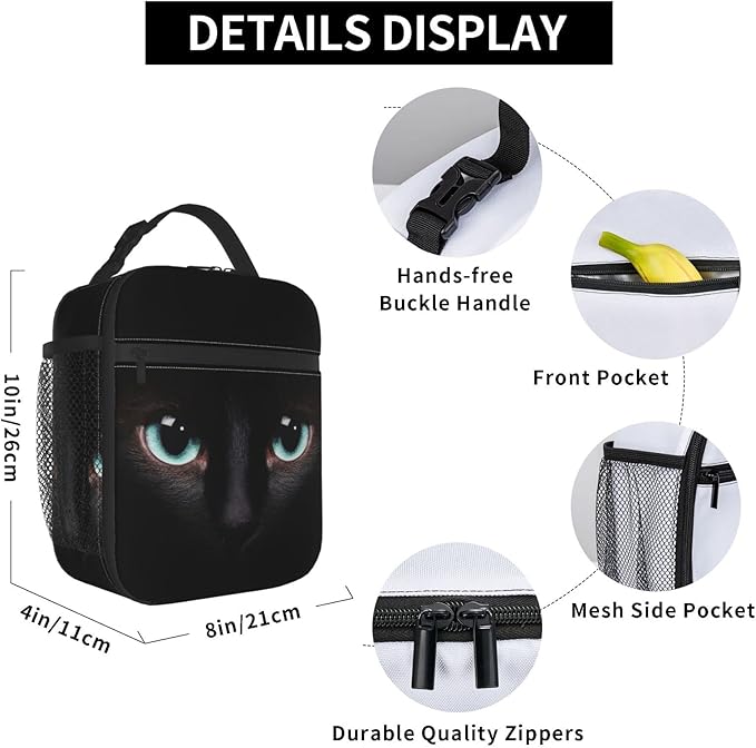 Black Cat Face Lunch Bag Reusable Insulated Lunch Box Thermal Cooler Tote For Boys Girls Teen School Men Women Travel Hiking Picnic