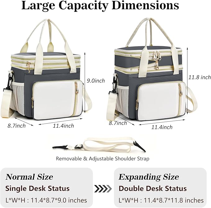 Lunch Box & Lunch Bag for Women Men, Large Insulated Adult Lunch Box Leakproof Lunchbox Cooler Bag for Work Picnic Beach,16L, Grey & White
