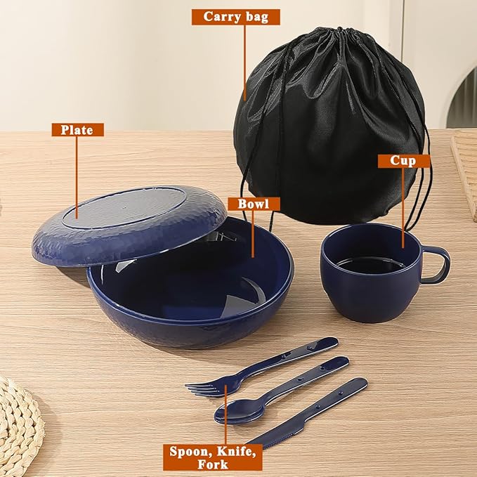 Evanda Camping Mess Kit with Bowl, Plate, Cup, Spoon, Fork, Knife and Carry Bag, Reusable Camping Accessories Essentials Gear Light Weight and Small Space Easy to Carry or Put in Backpack