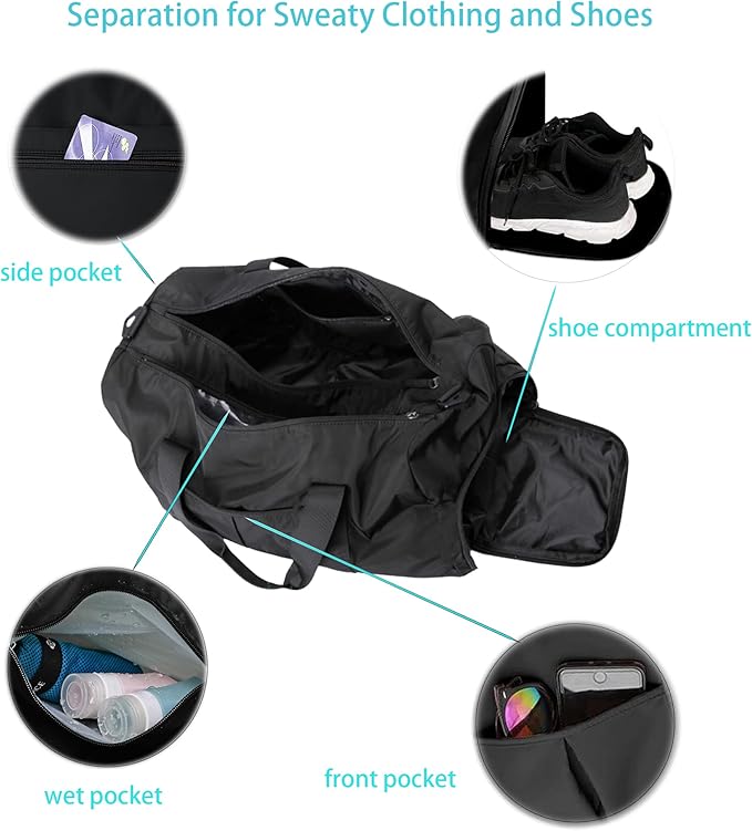 Gym Bag for Men Women with Separation for Wet and Dry, Shoe Storage, Waterproof Travel Duffle Bag for Gym, Swimming, Yoga, Sports (Black)