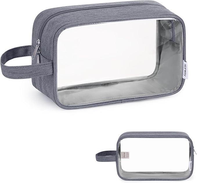 Narwey Clear Travel Toiletry Bags for Traveling Toiletries Men Women, Clear Makeup Bag Cosmetic Bag with Zipper, Make Up Pouch Organizer Bags with Handle, Skincare Bag (Grey)