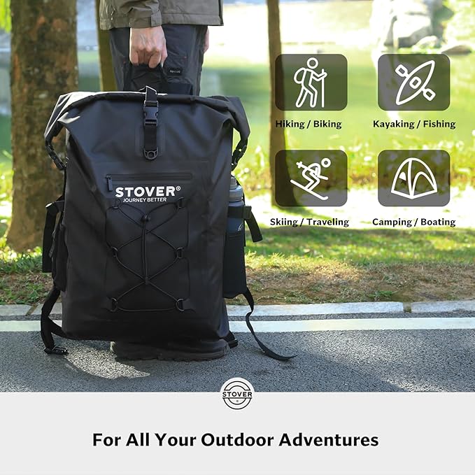 STOVER 5/10/25/30/40/55L Waterproof Dry Backpack- XL Floating Dry Bag for Kayaking, Travel, Tubing, Hiking, Fishing, Camping, Motorcycles, the Beach, Heavy-Duty Roll Top Men/Women (Black)