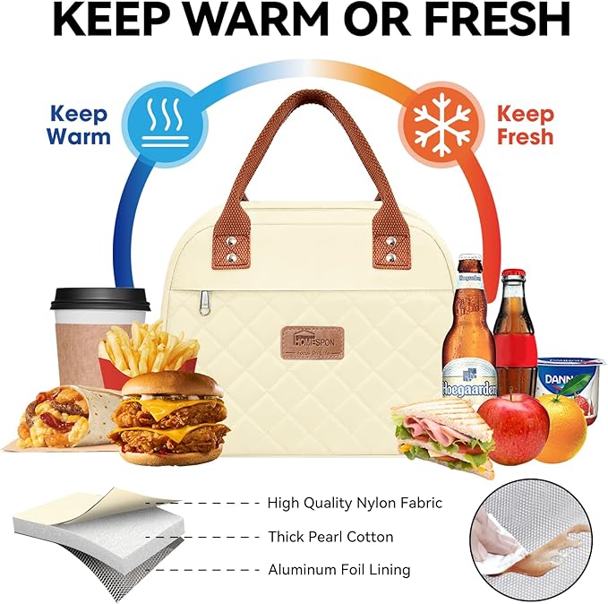 HOMESPON Insulated Lunch Bag for Women Men Adults Lunch Tote with Front Pocket Lunch Box Container Cooler Bag for Work Picnic (Beige)