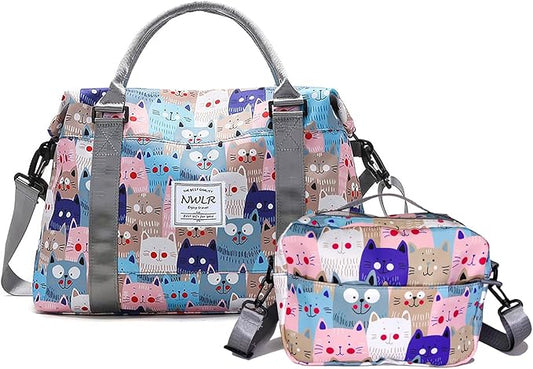 Travel Duffle Bag Weekender Overnight Bag Gym Tote with Wet Pocket for Women Girls Workout Duffel Bag Water Resistant (W-Cute Cats+Toiletry Bag)