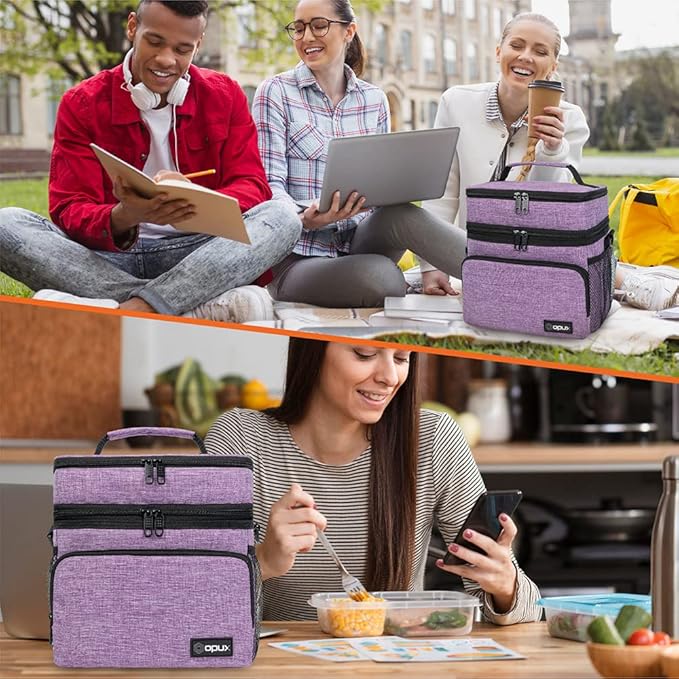 opux Insulated Lunch Bag for Men Women, Large Dual Compartment Cooler Bag, Soft Two Deck Lunch Box for Work School Picnic, Leakproof Lunch Tote with Shoulder Strap for Kid Adult (Purple, Double Deck)