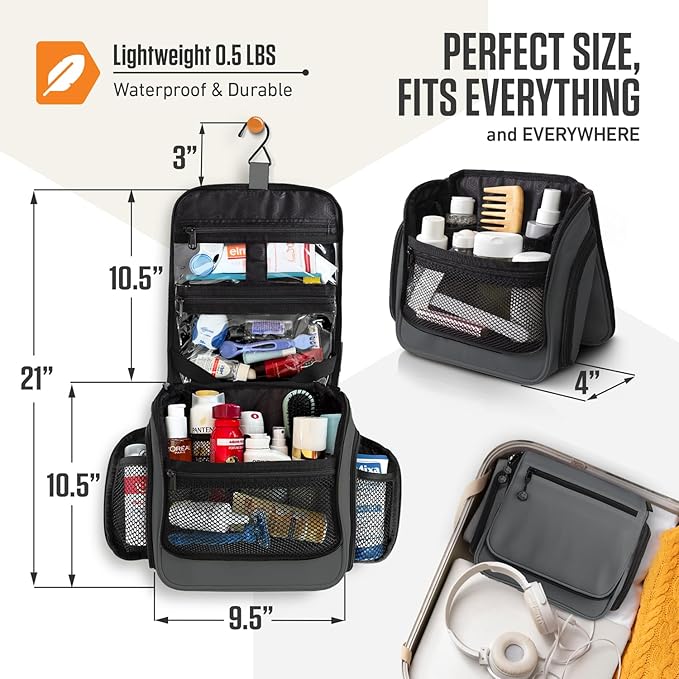 VENTURE 4TH Hanging Travel Toiletry Bag for Women & Men - Travel Organizer with Expandable Compartments & Removable Clear Pouch for Toiletries (Gray)
