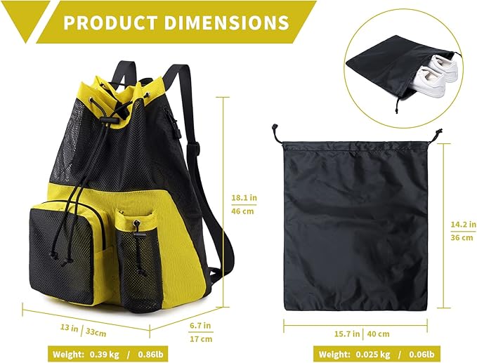 Lohol Large Mesh Drawstring Backpack with Shoe Bag, Durable Swimming String Sack with Handle for Sports Gym Yoga Beach Travel