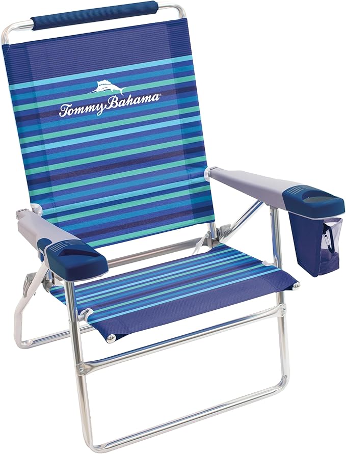 Tommy Bahama Set of 2 Highboy 4 Position Beach Chairs 15 Inch Seat Height with Cupholder, Side Storage Pouch and Mobile Phone Holder