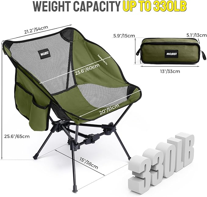 Portable Camping Chair – Compact Lightweight Folding Chair for Adults, Supports 330 lbs – Ideal for Backpacking Hiking, Fishing, Beach, Picnic & Lawn (Dark Green)