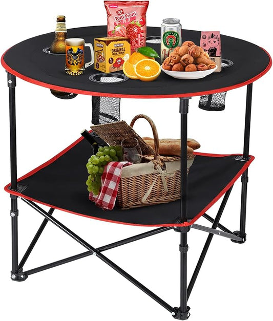 Camping Table Portable Folding Camping Side Table for Outdoor Picnic, Beach, Games, Camp, & Patio Tables Folding with 4 Cup Holders & Carry Case for Travel & Storage, Premium 600D Canvas& Steel Frame