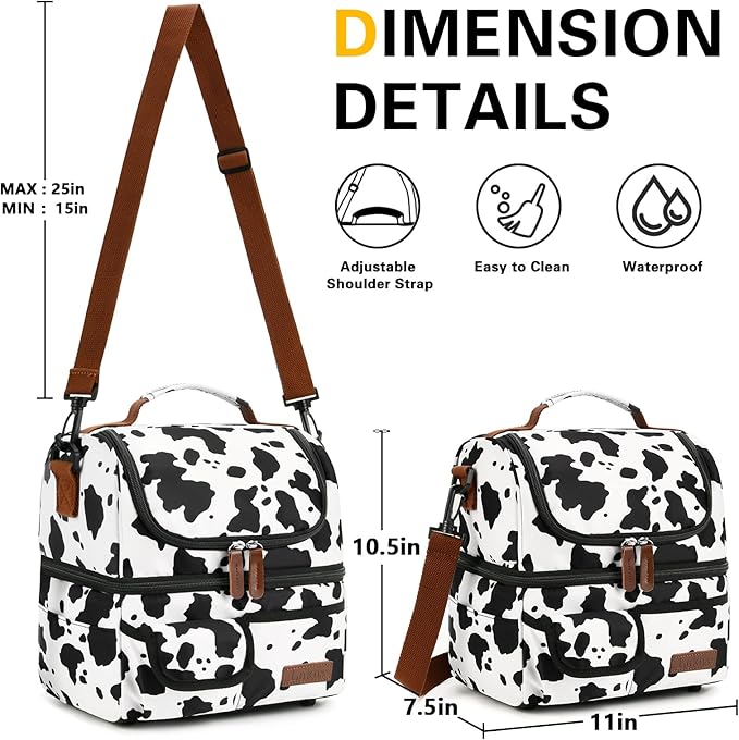 LOKASS Lunch Box for Women-Double Deck Insulated Adults Lunch Bag with Removable Shoulder Strap-Cow Print Cute Wide Open Lunch Tote for Work/Office/Picnic/Beach/Travel