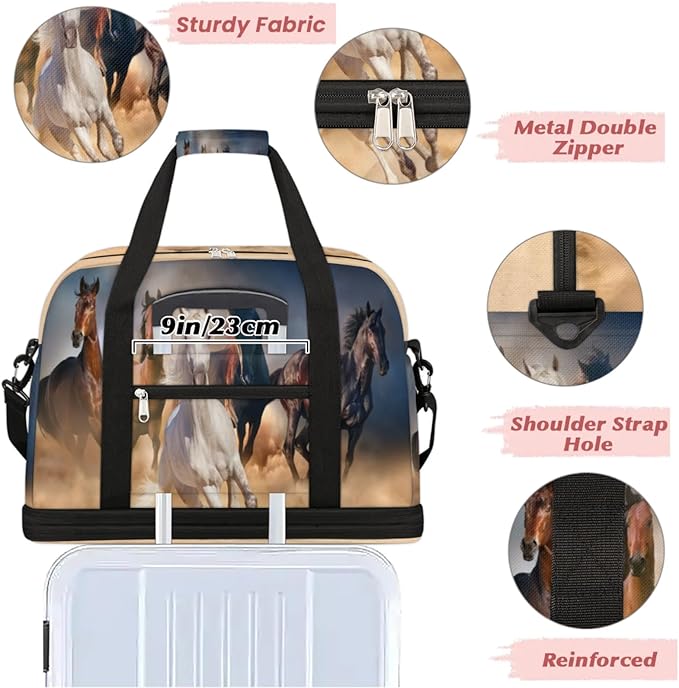 Running Horse Foldable Travel Duffel Bag, Expandable Sports Gym Bag with Shoes Compartment Weekender Overnight Totes Bags for Women Men