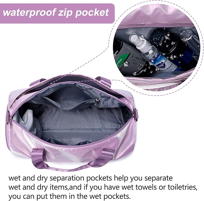 Gym Bag Sports Duffle Bag with Wet Pocket Weekender Overnight Bag with Waterproof Shoe Pouch and Air Hole for Women Girls Travel Foldable Bag (Metallic Purple)