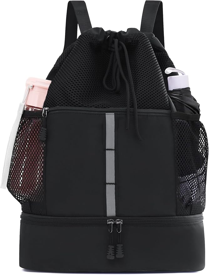 U.helper Waterproof Gym Drawstring Backpack, Sports Sack with Shoes Compartment & Wet Pockets for Ball/Beach/Swim Training (Black)