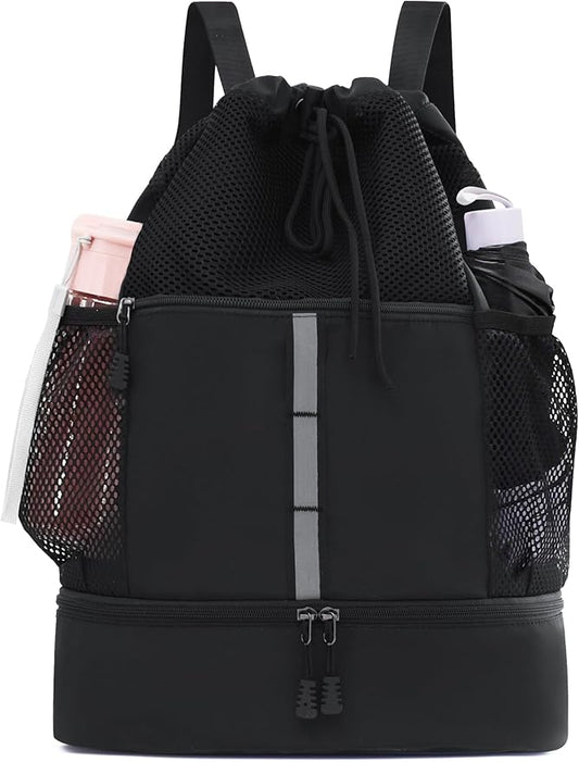 U.helper Waterproof Gym Drawstring Backpack, Sports Sack with Shoes Compartment & Wet Pockets for Ball/Beach/Swim Training (Black)