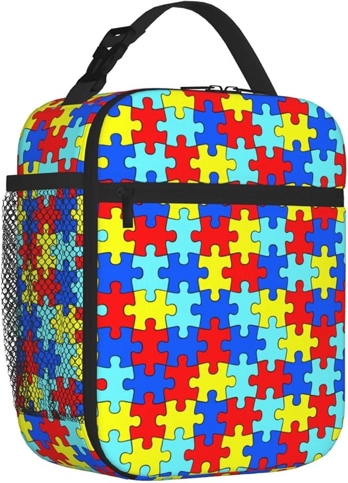 Colorful Puzzle Rainbow Piece Insulated Lunch Bag Reusable Cooler Lunch Box Portable Leakproof Thermal Container Tote Bags for Girls Boys School Travel