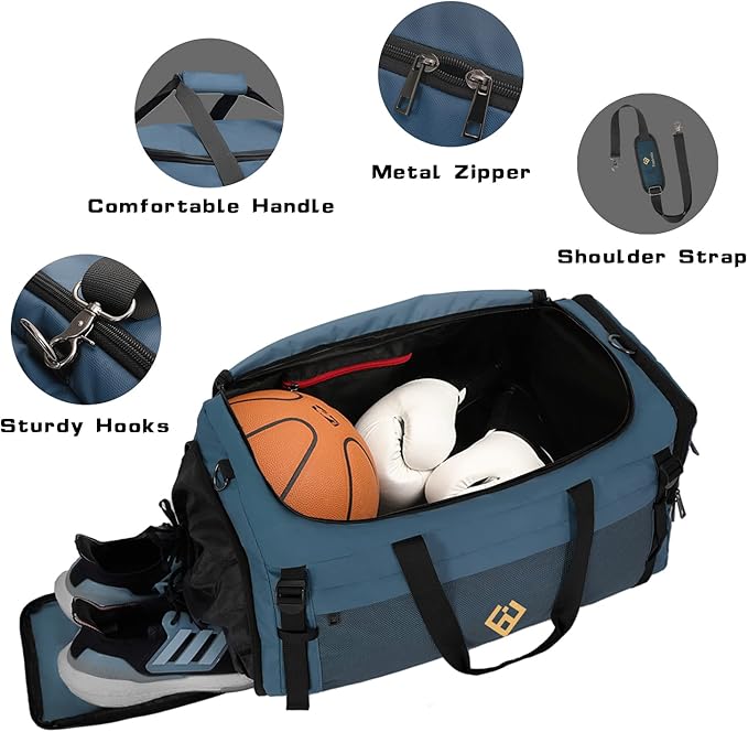 Eackrola Large Sports Gym Bag, Travel Duffel bag with Wet Pocket & Shoes Compartment for men women, 65L, Lightweight（Haze Blue）
