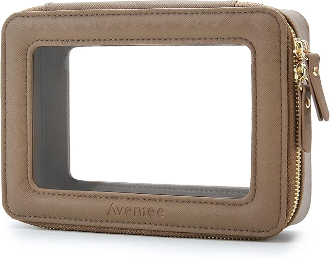 Aveniee Clear Makeup Bag for Women, Travel Cosmetic Case Toiletry Bag, Heavy Duty Makeup Organizer Car Bag for Accessories with Gold Zippers(Taupe)