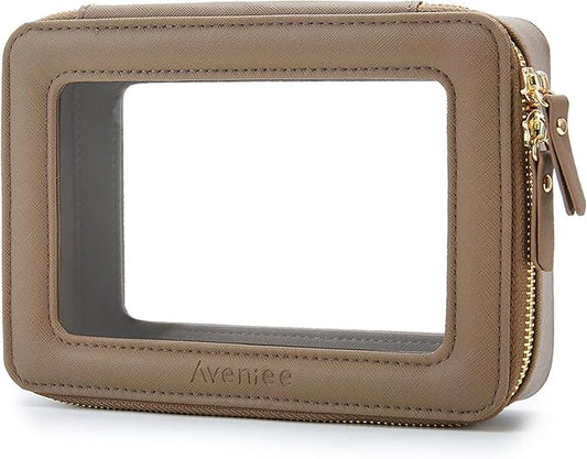 Aveniee Clear Makeup Bag for Women, Travel Cosmetic Case Toiletry Bag, Heavy Duty Makeup Organizer Car Bag for Accessories with Gold Zippers(Taupe)