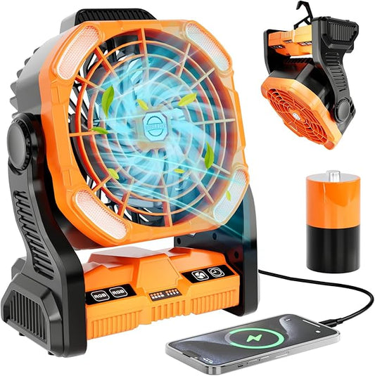 Sugoiti Portable Camping Fan 20000mAh Rechargeable Battery, 4-Speed Quiet Cooling Blower with LED Lantern, 4 Timing, Hanging Hook for Outdoor Picnic Tent Beach Fishing Orange