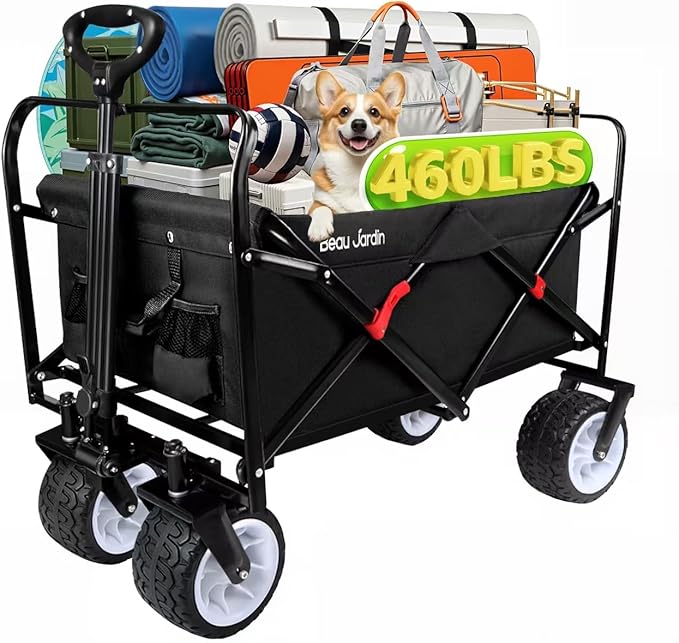 BEAU JARDIN Collapsible Folding Wagon Cart 460lbs Heavy Duty Foldable Garden Cart with All Terrain Beach Wheels Utility Wagon Cart for Camping Fishing Sports Shopping Black