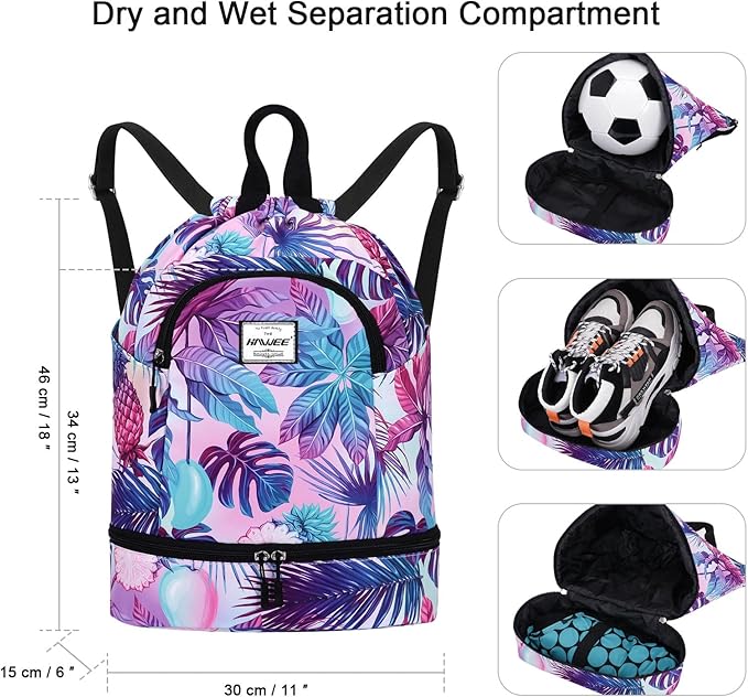 Dry Wet Drawstring Backpack with Shoe Compartment for Women Adjustable Gym Bag