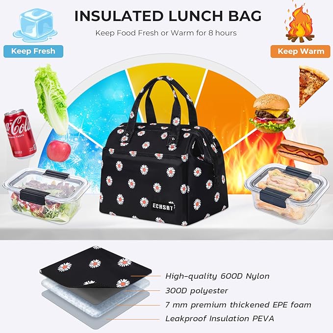 ECHSRT Large Insulated Lunch Bag for Women Men Leakproof Cooler Lunch Tote Bags for Work Travel Adult Thermal Lunchbox for Office -10L Daisy Print