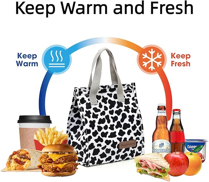 Lunch bag, Insulated Lunch Bag for Women Men, Lunch Containers Reusable Lunch Tote Bags for Work, Travel, Outdoor (Cow Print)