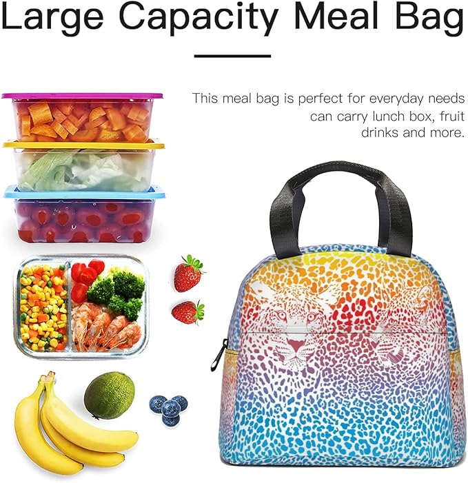 Giwawa Rainbow Leopard Print Lunch Bag for Kids Girls Boys Colorful Cheetah Animal Insulated Lunch Box Reusable Thermal Lunch Cooler Tote Bags with Front Pocket for Men Women Picnic Travel