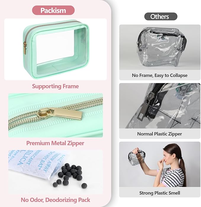 PACKISM TSA Approved Toiletry Bag - Amazing Color-Edged Clear Makeup Bag, 3 Pack in Spacious Space, Reusable Clear Toiletry Bags with Great Value, Green