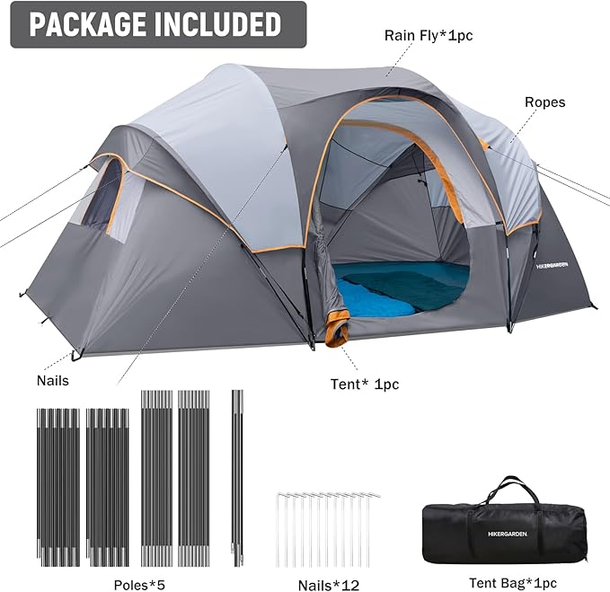 HIKERGARDEN 10 Person Camping Tent - Portable Easy Set Up Family Tent for Camp, Windproof Fabric Dome Tent Outdoor for Hiking, Backpacking, Traveling-14'x11'x74in(H)