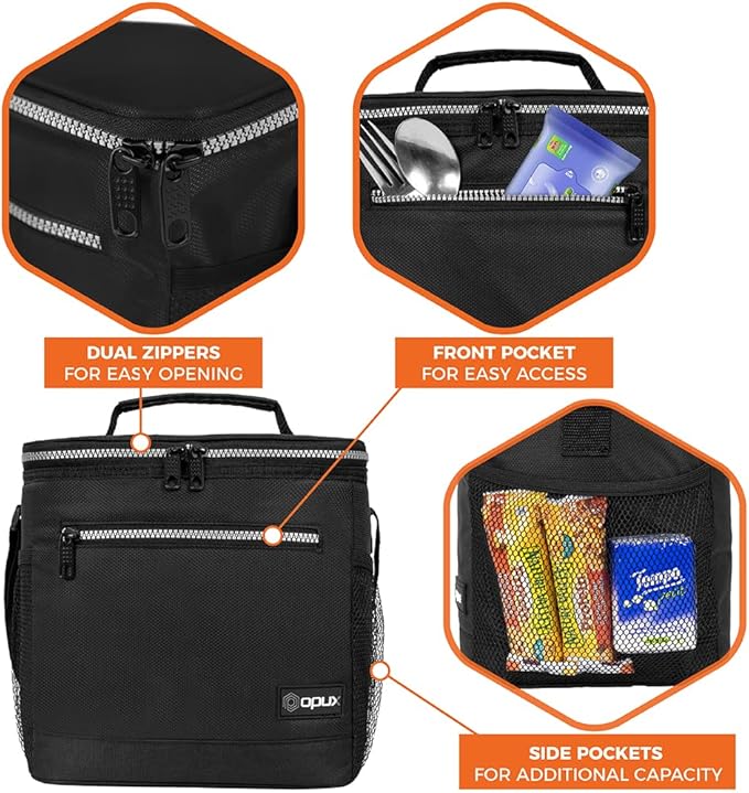opux Extra Large Insulated Lunch Box Men Women, Lunch Bag for Work, Leakproof Soft Cooler Tote Adult, Lunch Pail, Picnic Beach Collapsible Food Bag with Shoulder Strap, Black