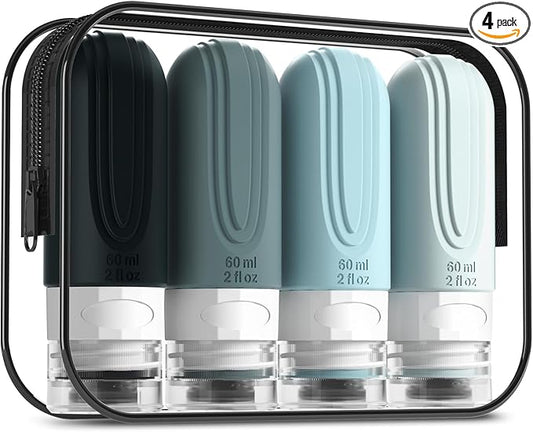 Travel Bottles for Toiletries, Tsa Approved 2oz Travel size Bottles, BPA Free Leak Proof Travel Toiletry Containers, Refillable Travel Accessories with Toiletry Bag for Shampoo Liquid (4 Pack)