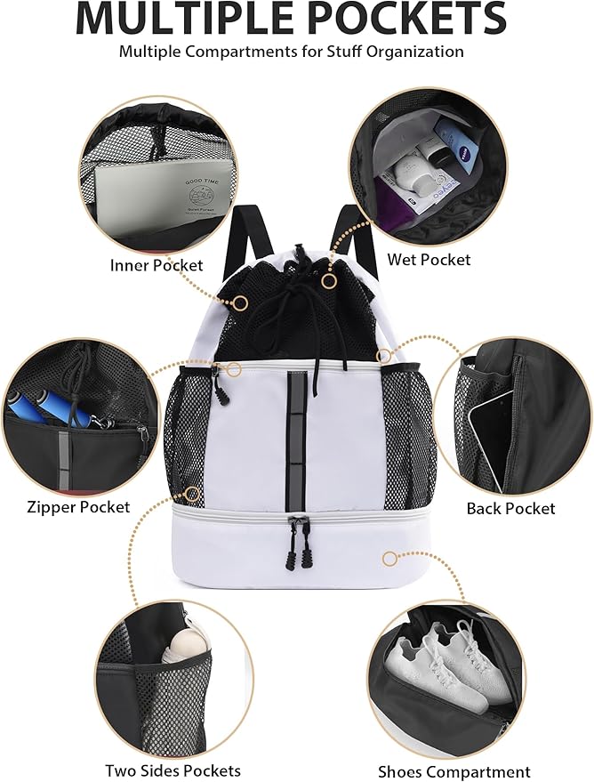 U.helper Waterproof Gym Drawstring Backpack, Sports Sack with Shoes Compartment & Wet Pockets for Ball/Beach/Swim Training (White)